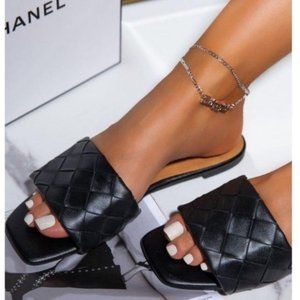 Square Toe Woven Strap Slide Sandals in Black